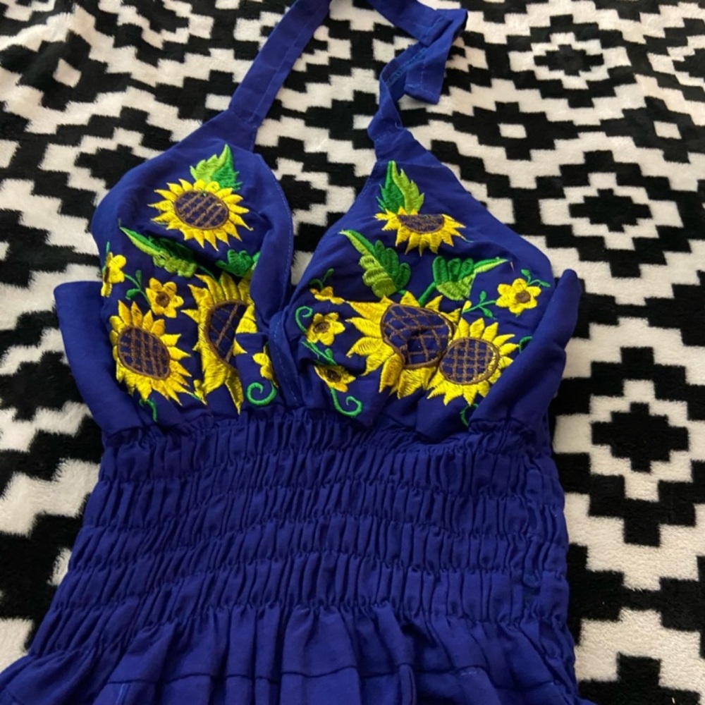 Blue Halter Dress with Sunflower Embroidery